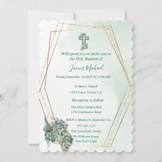 Elegante Groen & Goud Kruis doop uitnodiging (Voorkant)