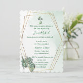 Elegante Groen & Goud Kruis doop uitnodiging (Staand voorkant)