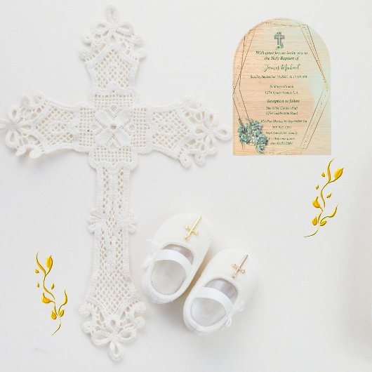 Elegante Groen & Goud Kruis doop uitnodiging