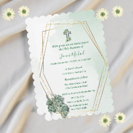 Elegante Groen & Goud Kruis doop uitnodiging