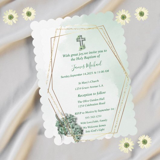 Elegante Groen & Goud Kruis doop uitnodiging