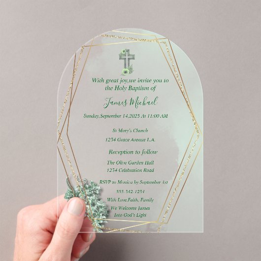 Elegante Groen & Goud Kruis doop uitnodiging (Insitu (Draagbaar))