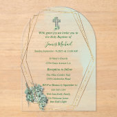 Elegante Groen & Goud Kruis doop uitnodiging (Voorkant)