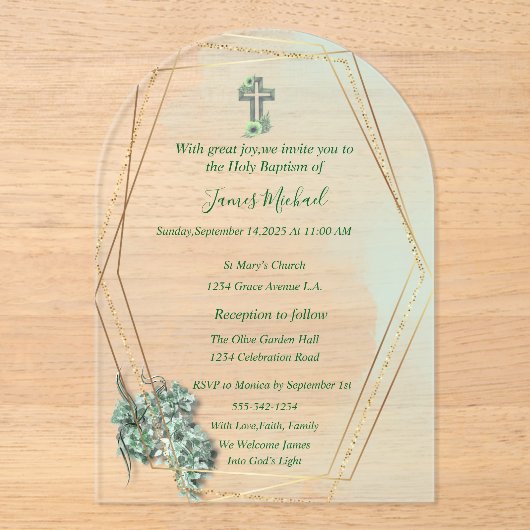 Elegante Groen & Goud Kruis doop uitnodiging (Voorkant)