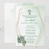 Elegante Groen & Goud Kruis doop uitnodiging (Voorkant / Achterkant)