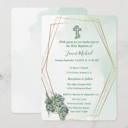 Elegante Groen & Goud Kruis doop uitnodiging (Voorkant / Achterkant)