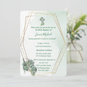 Elegante Groen & Goud Kruis doop uitnodiging (Staand voorkant)
