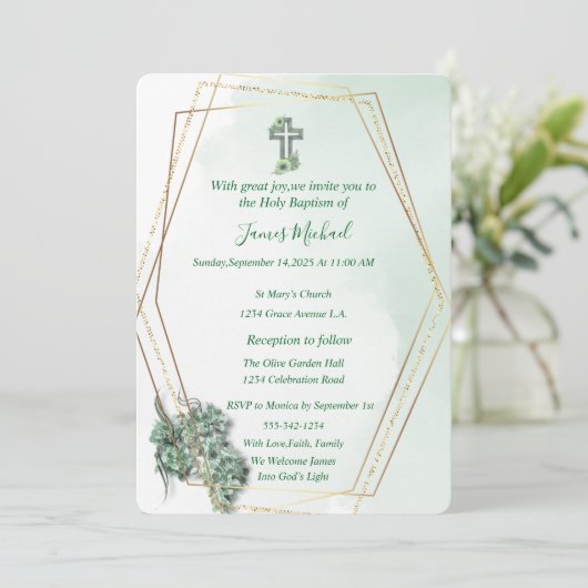 Elegante Groen & Goud Kruis doop uitnodiging (Staand voorkant)