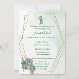 Elegante Groen & Goud Kruis doop uitnodiging