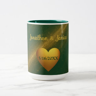 Elegante Groen & Goud Trouwdatum Tweekleurige Koffiemok