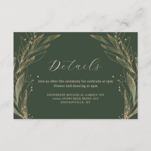 Elegante groen gouden blad bruiloft details informatiekaartje (Voorkant)