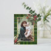 Elegante groen/gouden geruite hulst kerstfoto  feestdagenkaart (Staand voorkant)