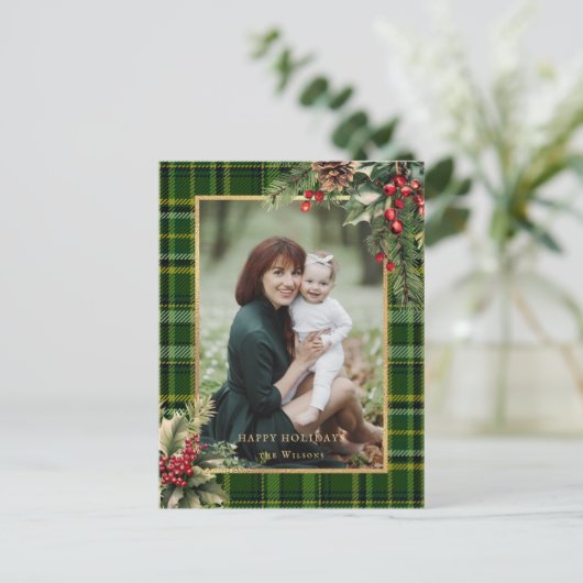 Elegante groen/gouden geruite hulst kerstfoto  feestdagenkaart (Staand voorkant)