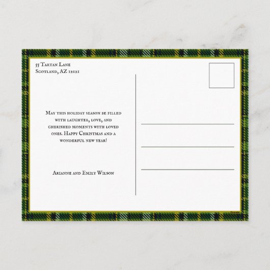 Elegante groen/gouden geruite hulst kerstfoto  feestdagenkaart (Achterkant)