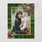 Elegante groen/gouden geruite hulst kerstfoto  feestdagenkaart (Voorkant)