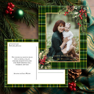 Elegante groen/gouden geruite hulst kerstfoto feestdagenkaart
