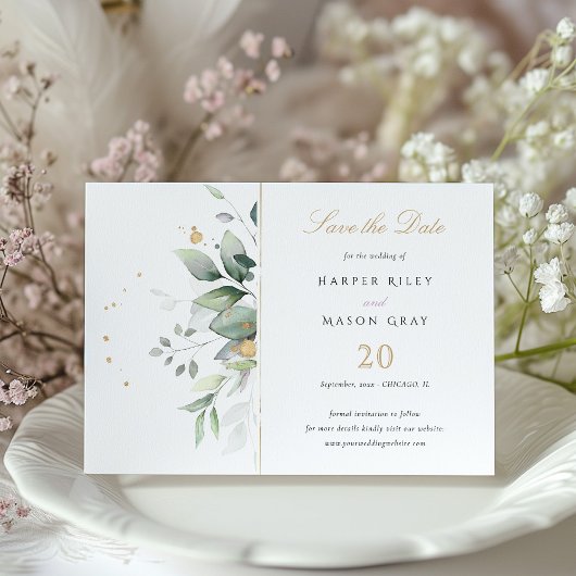 Elegante groen gouden vlekken bruiloft Save the Da Kaart
