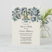 Elegante Groen & Grijs Boeket Brunch en Bubbly Kaart (Staand voorkant)