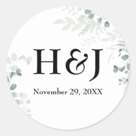 Elegante groen monogrammen en datum ronde sticker