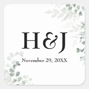 Elegante groen monogrammen en datum vierkante sticker