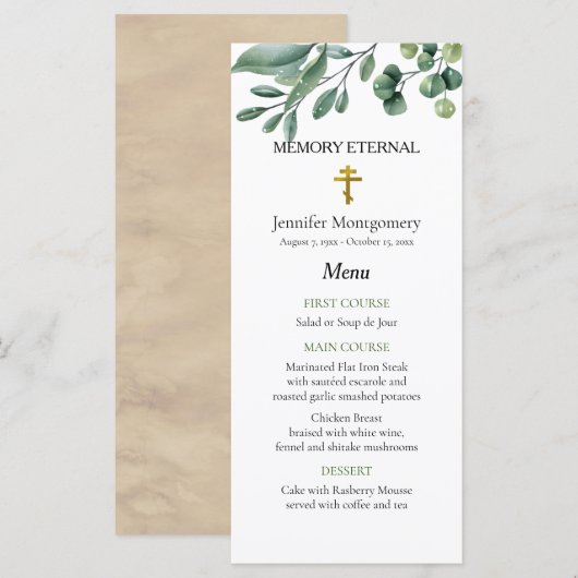 Elegante groen orthodoxe Christelijke begrafenis Menu (Voorkant / Achterkant)