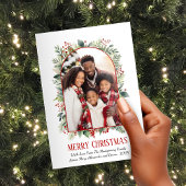 Elegante groen rode boog aangepaste foto kerst feestdagenkaart