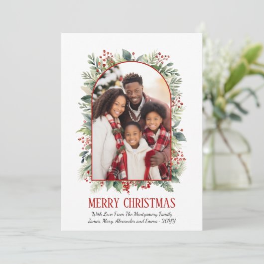 Elegante groen rode boog aangepaste foto kerst feestdagenkaart (Staand voorkant)