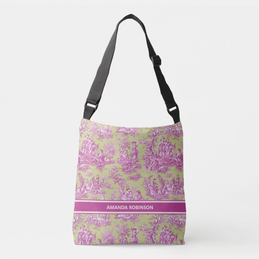 Elegante  groen roze toile de jouy bedrukt crossbody tas (Voorkant)