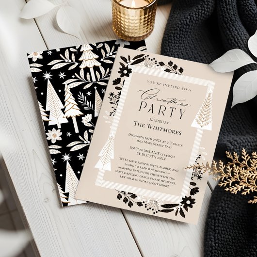 Elegante groenblijvende bomen en bloemen kerstfees kaart