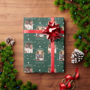 Elegante Groene 2 Foto Boog Modern Kerstmis Cadeaupapier