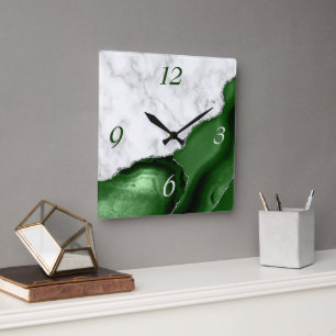 Elegante groene agaat zilveren glans marmer vierkante klok