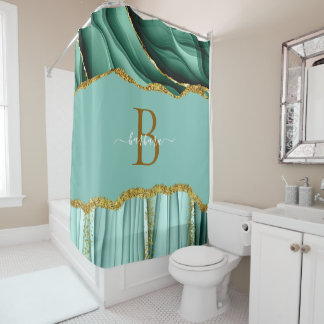 Elegante Groene Agate Monogram Gouden Script Naam Douchegordijn