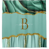 Elegante Groene Agate Monogram Gouden Script Naam Douchegordijn (Voorkant)