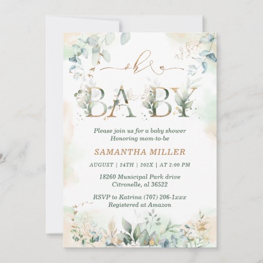 Elegante Groene Baby Shower Uitnodiging (Voorkant)