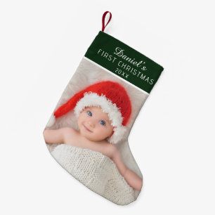 Elegante Groene Babyfoto met Eigen Naam Kleine Kerstsok