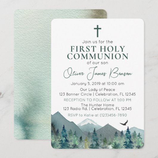 Elegante groene bergjongen eerste heilige communie kaart (Voorkant / Achterkant)