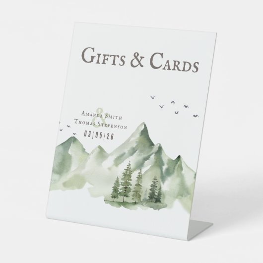 Elegante groene berglandschap geschenken & kaarten reclamebord met voetstuk (Voorkant)