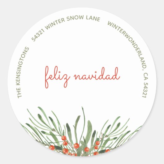 Elegante groene bessen Feliz Navidad Kerstmis Ronde Sticker (Voorkant)
