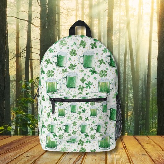 Elegante groene bierpullen en witte klavertjes bedrukte rugzak