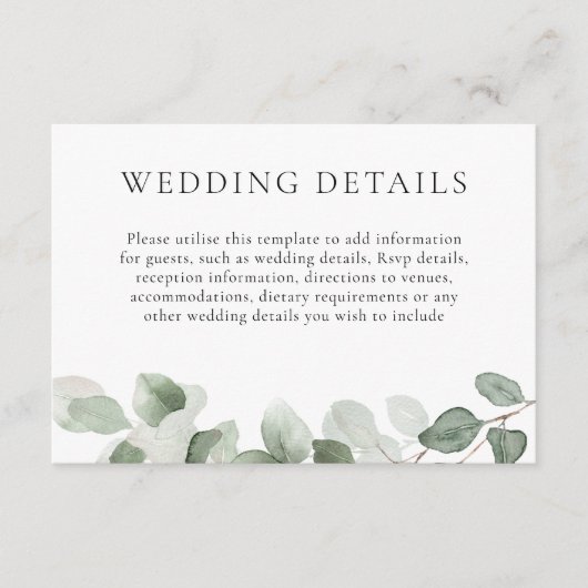 Elegante groene blad bruiloft details receptie informatiekaartje (Voorkant)