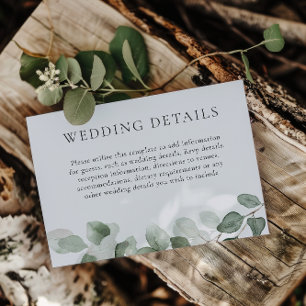 Elegante groene blad bruiloft details receptie informatiekaartje