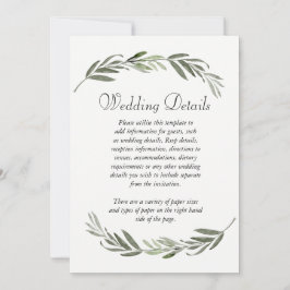 Elegante groene blad bruiloftsreceptie details kaart