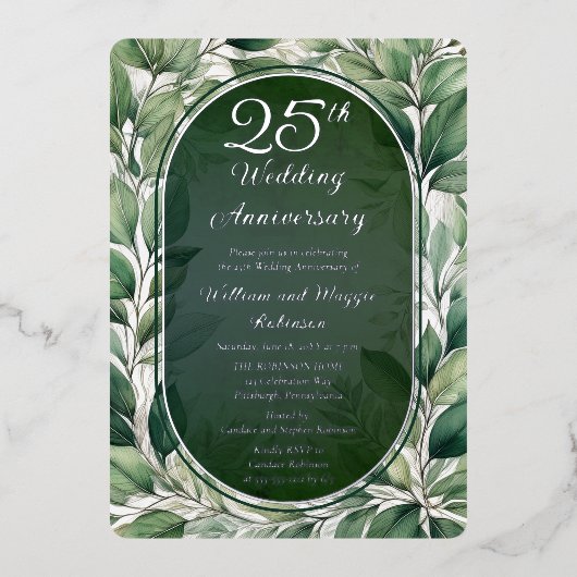 Elegante groene bladeren 25e bruiloft Jubileum Folie Uitnodiging (Voorkant)
