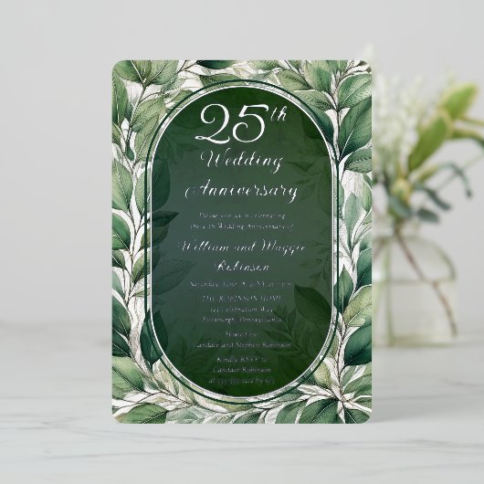 Elegante groene bladeren 25e bruiloft Jubileum Folie Uitnodiging (Staand Voorkant)