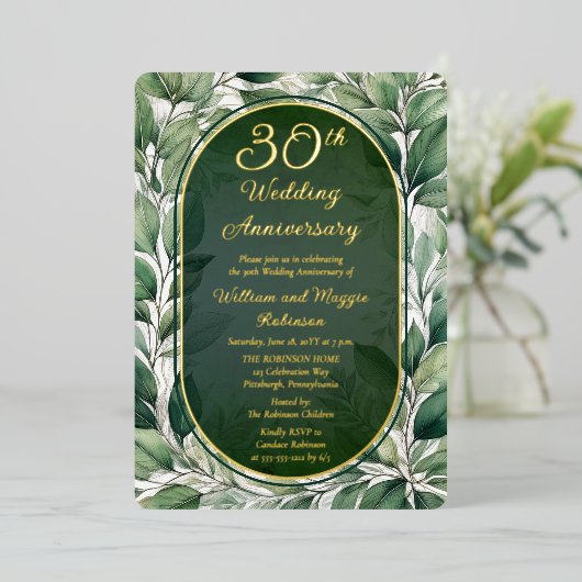 Elegante groene bladeren 30ste bruiloft Jubileum Folie Uitnodiging (Staand Voorkant)