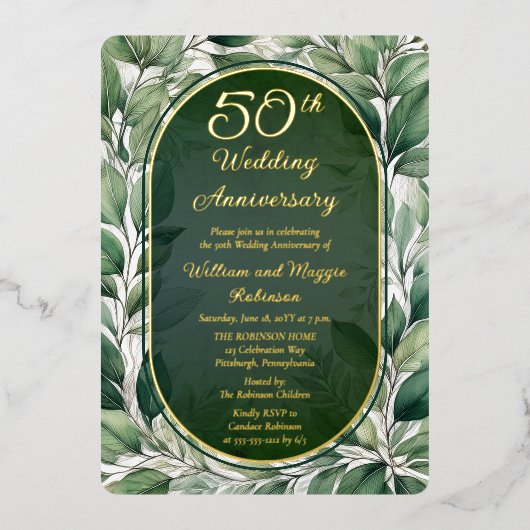 Elegante groene bladeren 50ste bruiloft Jubileum Folie Uitnodiging (Voorkant)