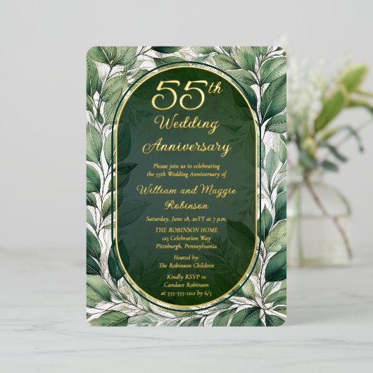 Elegante groene bladeren 55e bruiloft Jubileum Folie Uitnodiging (Staand Voorkant)