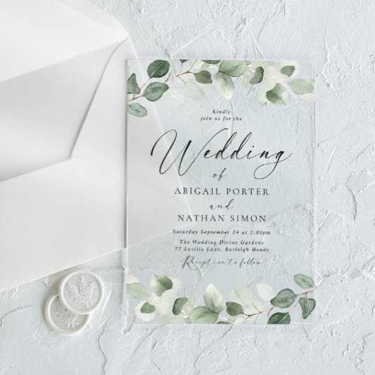 Elegante groene bladeren alle seizoenen bruiloft acryl uitnodigingen