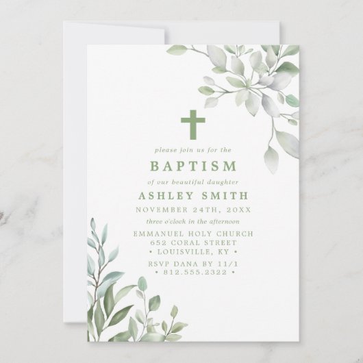 Elegante groene bladeren en kruisdoop kaart (Voorkant)