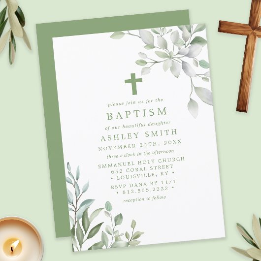 Elegante groene bladeren en kruisdoop kaart